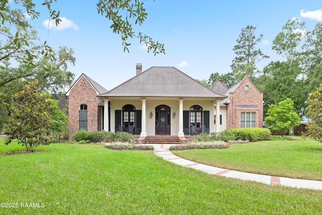 neoclassical home featuring a porch, a front lawn, brick siding, and a chimney