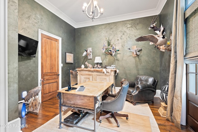 office with wood finished floors, crown molding, and a chandelier