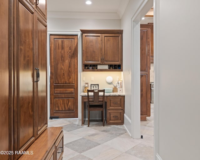 hallway with crown molding, a desk, recessed lighting, baseboards, and light tile patterned floors