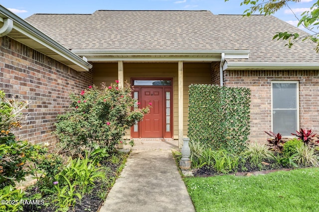 view of exterior entry with brick siding and a shingled roof
