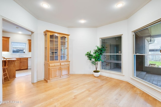 empty room featuring recessed lighting, light wood-style floors, crown molding, and a sink