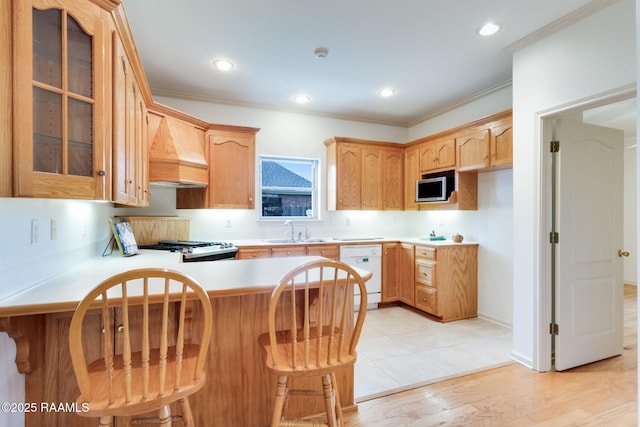 kitchen featuring custom range hood, appliances with stainless steel finishes, light countertops, a sink, and a peninsula