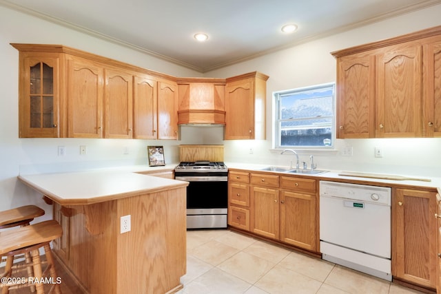 kitchen featuring a sink, dishwasher, gas stove, custom exhaust hood, and a peninsula