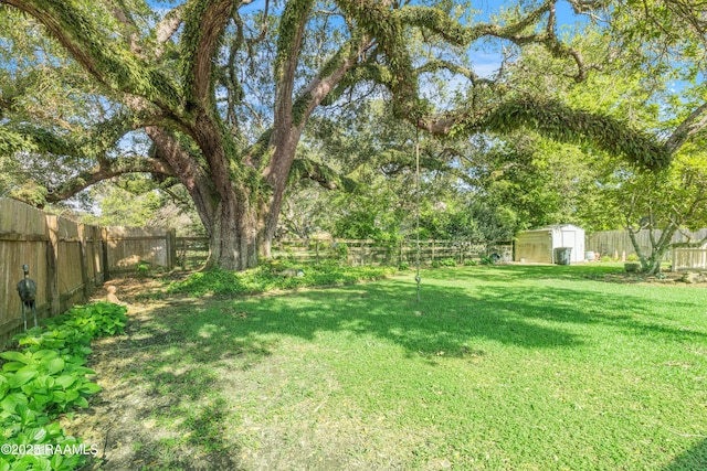 view of yard featuring a storage shed, an outbuilding, and a fenced backyard
