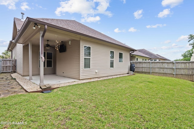 313 Summerland Key Ln, Lafayette, LA 70508 - rear view of property with a lawn, ceiling fan, a fenced backyard, and a patio area