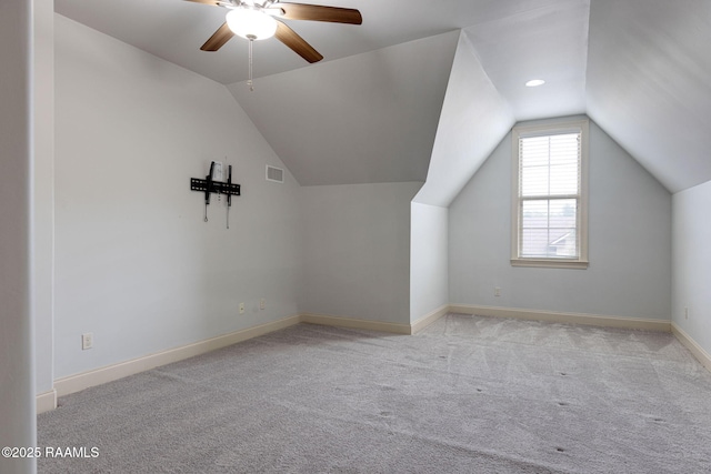 313 Summerland Key Ln, Lafayette, LA 70508 - bonus room with carpet flooring, a ceiling fan, baseboards, vaulted ceiling, and visible vents