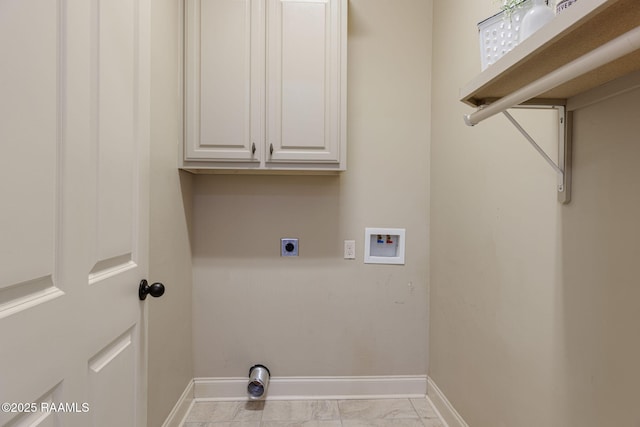313 Summerland Key Ln, Lafayette, LA 70508 - clothes washing area with washer hookup, hookup for an electric dryer, cabinet space, baseboards, and marble finish floor