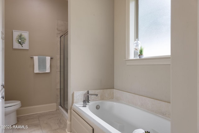 313 Summerland Key Ln, Lafayette, LA 70508 - bathroom featuring a garden tub, marble finish floor, toilet, baseboards, and a stall shower