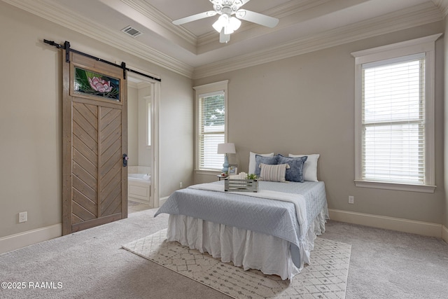 313 Summerland Key Ln, Lafayette, LA 70508 - bedroom with crown molding, light colored carpet, a barn door, and multiple windows