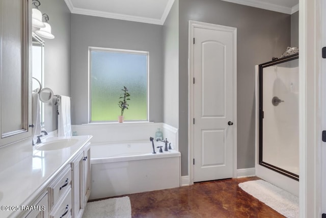 bathroom with a bath, finished concrete floors, a shower stall, vanity, and ornamental molding
