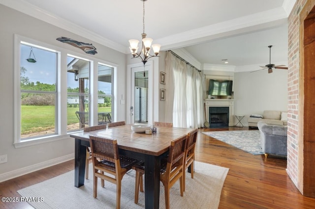 dining area featuring baseboards, ceiling fan with notable chandelier, wood finished floors, a fireplace, and ornamental molding