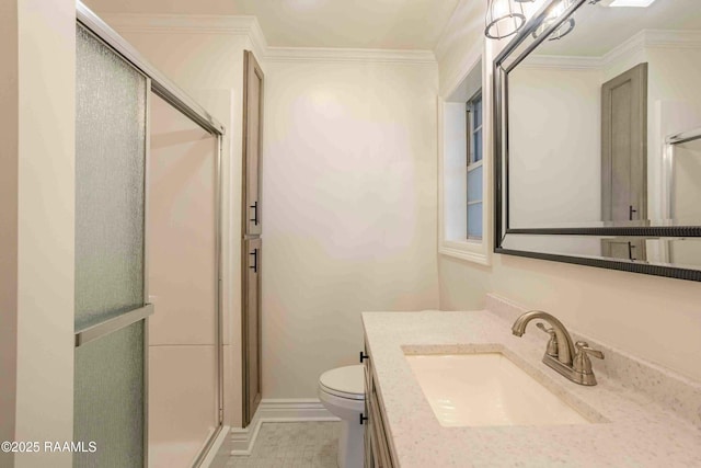 1706 Fuselier Rd, Arnaudville, LA 70512 - full bathroom with a stall shower, toilet, crown molding, and vanity
