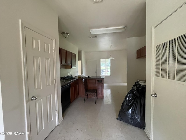 104 Roland Dr, Opelousas, LA 70570 - kitchen with a peninsula, hanging light fixtures, black dishwasher, and a heating unit