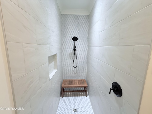 104 Cherrywood Dr, Lafayette, LA 70508 - bathroom view of a tile shower, crown molding, and tile walls