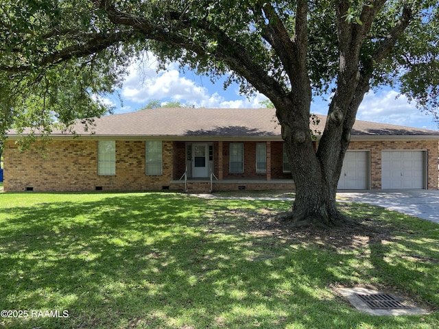 single story home featuring an attached garage, driveway, a front lawn, and crawl space