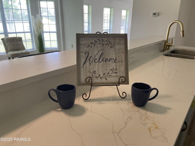 details featuring light stone counters and a sink