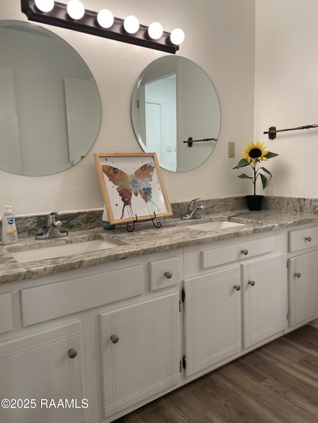bathroom featuring a sink, double vanity, and wood finished floors