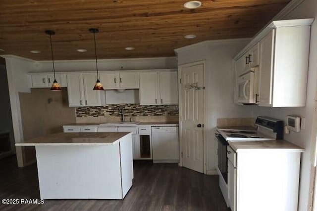 kitchen with a sink, wooden ceiling, white cabinets, dark wood-style floors, and white appliances