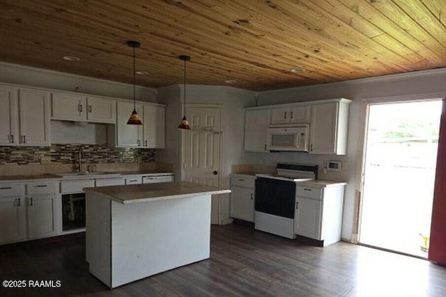 kitchen featuring range with electric stovetop, white microwave, white cabinetry, wooden ceiling, and a sink