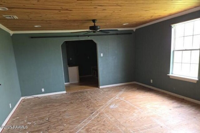empty room with crown molding, arched walkways, ceiling fan, and wood ceiling