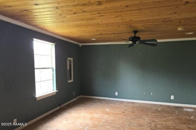 empty room featuring baseboards, ornamental molding, wood ceiling, and ceiling fan