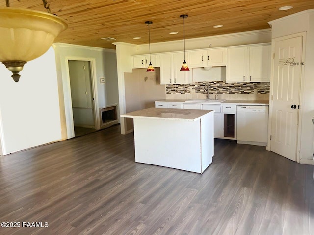 428 Nonc Lol Dr, Arnaudville, LA 70512 - kitchen with wooden ceiling, white dishwasher, ornamental molding, and a sink