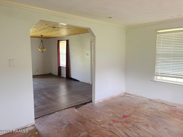 428 Nonc Lol Dr, Arnaudville, LA 70512 - empty room featuring arched walkways, ornamental molding, and a wealth of natural light