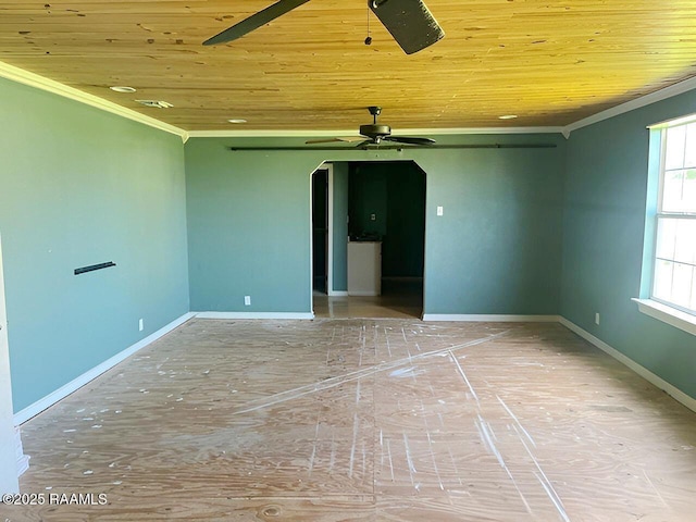 428 Nonc Lol Dr, Arnaudville, LA 70512 - unfurnished room with a ceiling fan, baseboards, ornamental molding, and wood ceiling