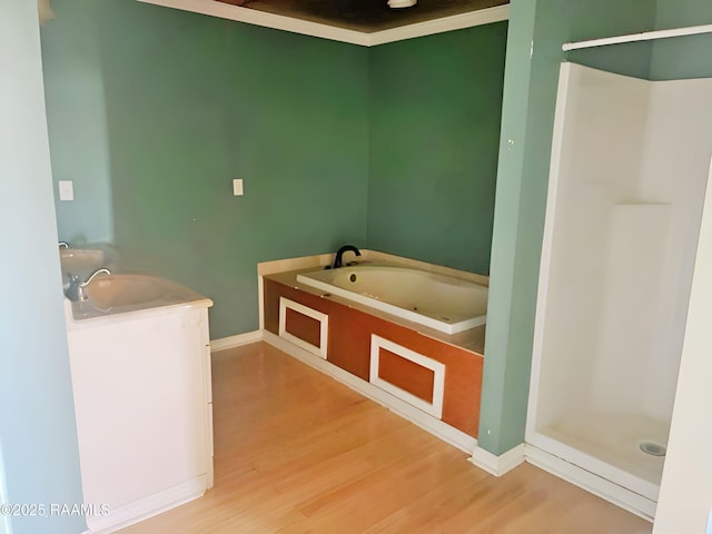 428 Nonc Lol Dr, Arnaudville, LA 70512 - full bath with a stall shower, wood finished floors, a sink, baseboards, and a whirlpool tub