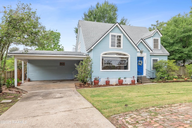 view of front of property featuring fence, entry steps, driveway, roof with shingles, and a front yard