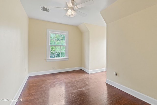 bonus room with visible vents, a ceiling fan, baseboards, and wood-type flooring