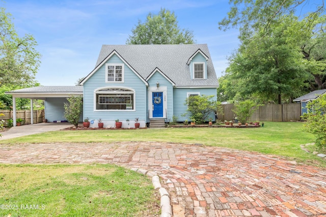 view of front facade with a front yard, a carport, entry steps, and fence