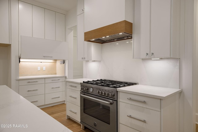 102 Drifting Sands Ln, Lafayette, LA 70503 - kitchen with white cabinetry, light wood-style flooring, light countertops, premium range hood, and stainless steel stove
