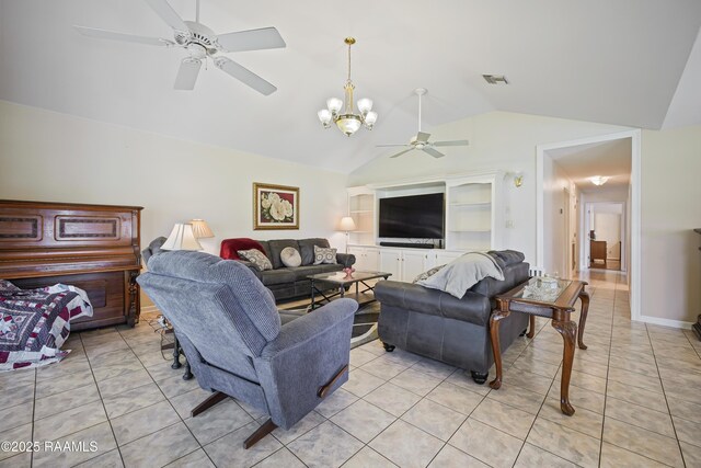 living room featuring visible vents, light tile patterned floors, ceiling fan with notable chandelier, and lofted ceiling
