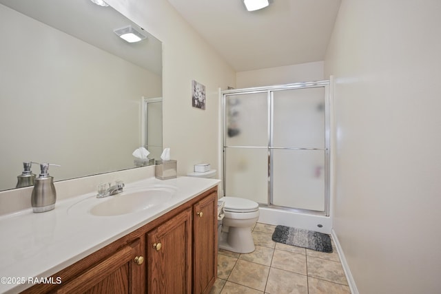 full bathroom with tile patterned floors, a stall shower, toilet, and vanity