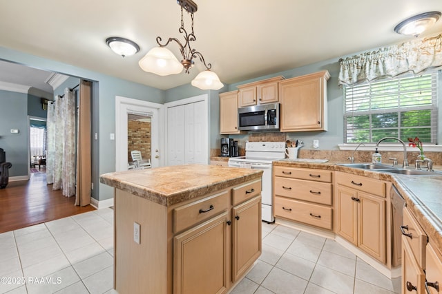 kitchen featuring light tile patterned floors, stainless steel microwave, a sink, white range with electric stovetop, and light brown cabinetry