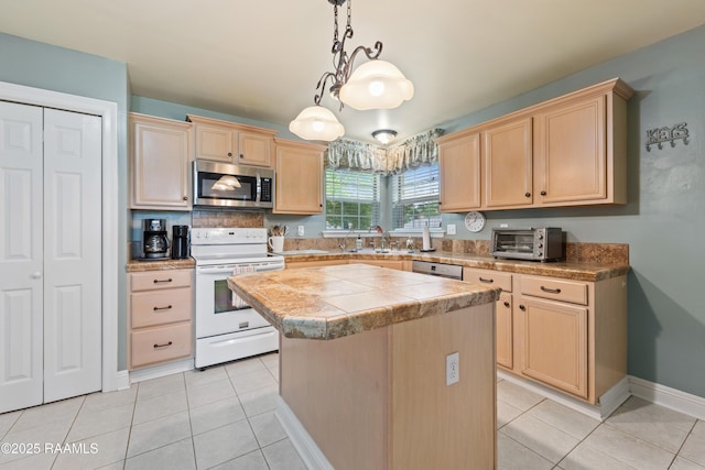 kitchen with light brown cabinets, stainless steel microwave, a toaster, white range with electric stovetop, and a sink