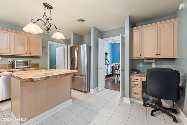 kitchen featuring stainless steel fridge, light tile patterned flooring, light brown cabinetry, dishwashing machine, and visible vents