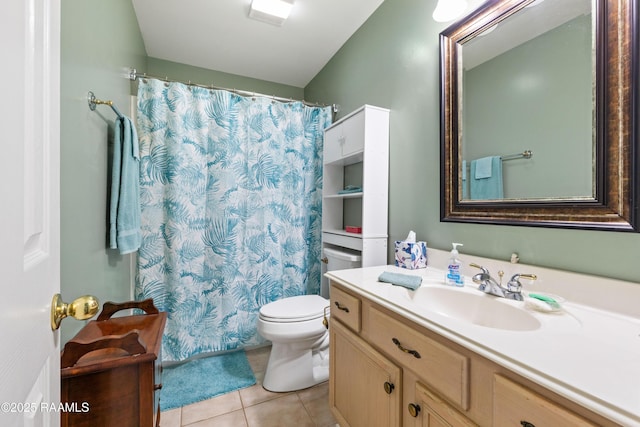 full bathroom featuring tile patterned floors, vanity, toilet, and a shower with curtain