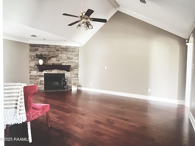 707 W Pine St, Erath, LA 70533 - living room featuring a ceiling fan, wood finished floors, lofted ceiling, crown molding, and a fireplace