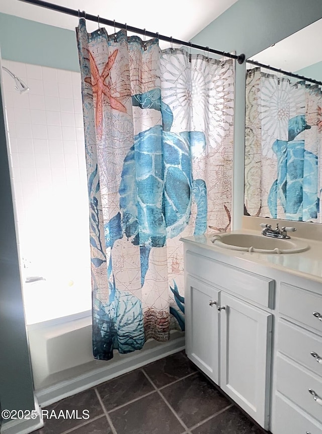 707 W Pine St, Erath, LA 70533 - full bathroom featuring vanity, shower / tub combo with curtain, and tile patterned flooring