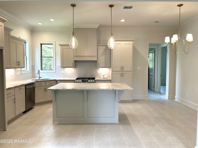 111 Fillmore Way, Lafayette, LA 70506 - kitchen with appliances with stainless steel finishes, gray cabinetry, decorative backsplash, a kitchen island, and recessed lighting