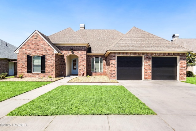 view of front of house with a front yard, brick siding, a shingled roof, an attached garage, and driveway