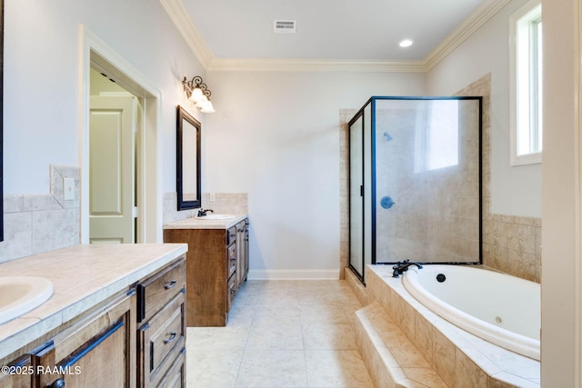 full bathroom featuring two vanities, a shower stall, a garden tub, and visible vents