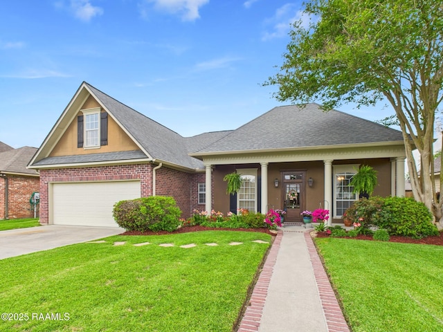 124 Vestige Cir, Lafayette, LA 70508 - view of front of home featuring a porch, a garage, roof with shingles, a front lawn, and concrete driveway