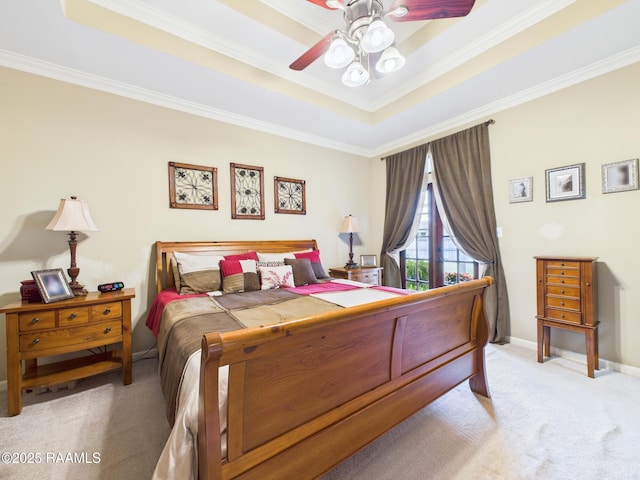 124 Vestige Cir, Lafayette, LA 70508 - bedroom featuring light colored carpet, baseboards, a raised ceiling, a ceiling fan, and crown molding