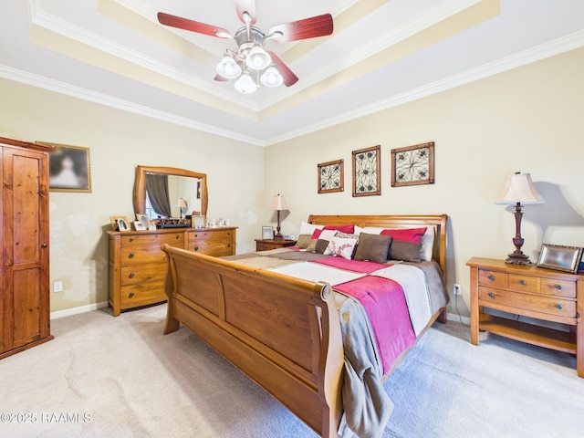 124 Vestige Cir, Lafayette, LA 70508 - bedroom featuring light colored carpet, ornamental molding, ceiling fan, baseboards, and a tray ceiling
