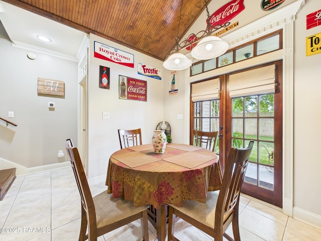 124 Vestige Cir, Lafayette, LA 70508 - dining area with light tile patterned floors, crown molding, baseboards, and wood ceiling