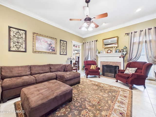 124 Vestige Cir, Lafayette, LA 70508 - living room with recessed lighting, a tiled fireplace, light tile patterned floors, ceiling fan, and crown molding