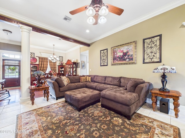 124 Vestige Cir, Lafayette, LA 70508 - living area with ornate columns, tile patterned floors, ornamental molding, ceiling fan with notable chandelier, and visible vents